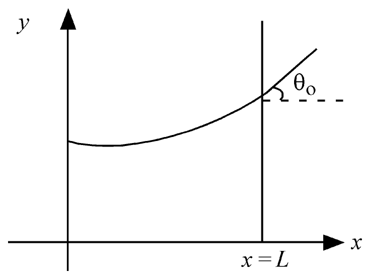 Liquid surface y(x) rising towards the wall at x = L, where it makes a small angle θ0 with the horizontal