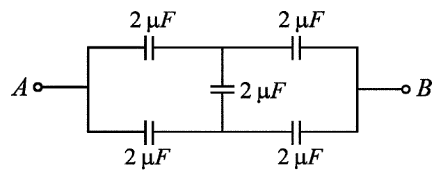 Bridge of five 2 μF capacitors between A and B: two in the top branch, two in the bottom branch and one joining their midpoints