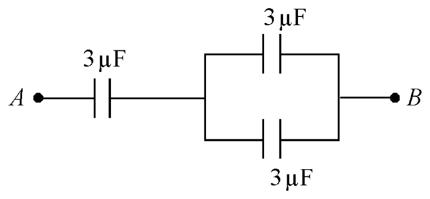 A 3 μF capacitor from A in series with two 3 μF capacitors in parallel, ending at B