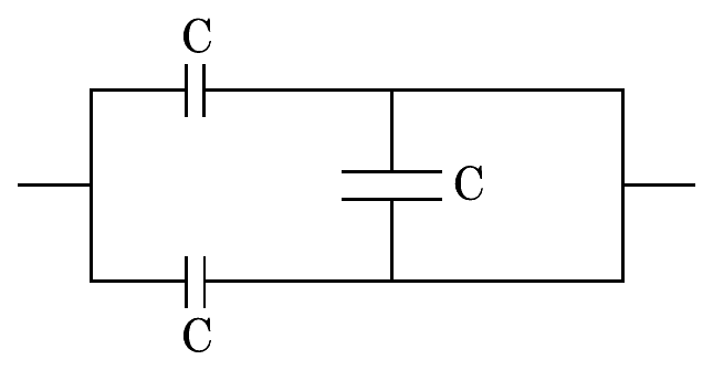 Two capacitors C in parallel between the terminals, with a third capacitor C connected between the two branches on their right-hand side