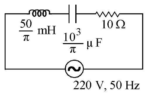 Series circuit of a 50/π mH inductor, a 10³/π μF capacitor and a 10 Ω resistor across a 220 V, 50 Hz source