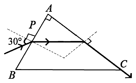 Right-angled prism ABC with the right angle at A; a ray enters face AB at P at 30°, travels parallel to BC and emerges along face AC