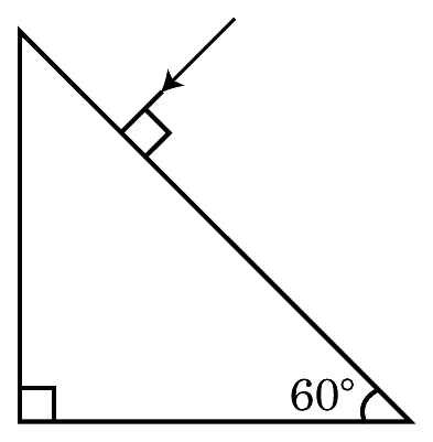 Right-angled prism with a 60° angle at the bottom right; a ray falls normally on the slanting face